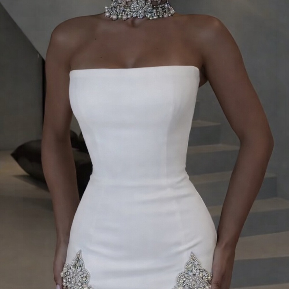 Dodona AVDIU Strapless White Bodycon Dress with Embellished Hem and choker